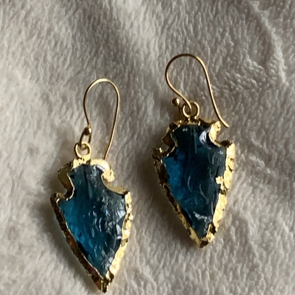 Arrowhead earrings clear blue textured jewel glass gold framed pierced new - Picture 9 of 12